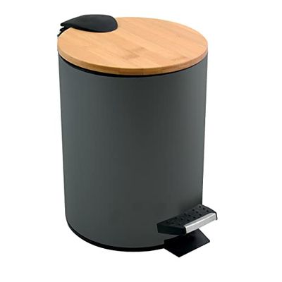 Spirella - Pattumiera da Bagno a Pedale in Acciaio Adonis - Coperchio in bambù - Chiusura Ammortizzata, Pattumiera Interna - Ø 20,5 x 25,5 cm - 5 L - Grigio Antracite Opaco