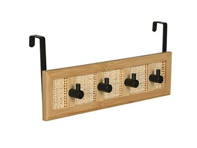 WENKO Allegre Decorative Coat Rack for Hanging, Made of High-Quality Bamboo and Rattan Wicker in Trendy Boho Style, with 4 Hooks Made of Matt Lacquered Steel, 33 x 14 x 6 cm, Natural/Black