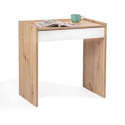 Bureau met 1 lade, bureau tafel of bureau, model Noa, wit en eiken, afmetingen: 81,5 cm (lengte) x 40 cm (breedte) x 77 cm (hoogte)