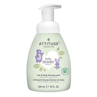 ATTITUDE 2-in-1 Hair and Body Foaming Wash for Baby, EWG Verified, Dermatologically Tested, Made with Naturally Derived Ingredients, Vegan, Sweet Apple, 295 mL