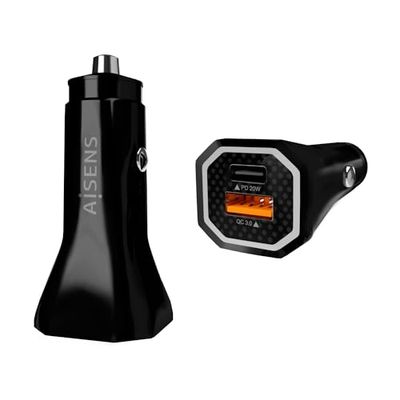 AISENS - ASCH-CAR2PQC-BK - autolader 38 W, 1 x USB-C PD3.0 20 W, 1 x USB-A QC3.0 18 W, zwart