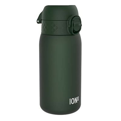 Ion8 Kids Water Bottle, 350 ml/12 oz, Leak Proof, Easy to Open, Secure Lock, Dishwasher Safe, BPA Free, Carry Handle, Hygienic Flip Cover, Easy Clean, Odour Free, Carbon Neutral, Dark Green