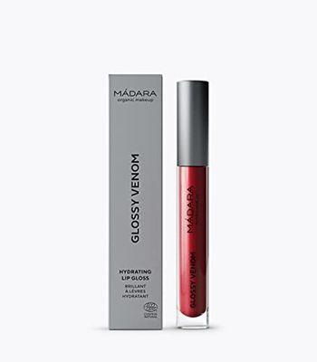 MÁDARA Organic Skincare Gloss hydratant Venom 78 rouge rubis 4 ml, formule haute brillance, hydratant, port confortable, végétalien, certifié Ecocert, emballage recyclable.
