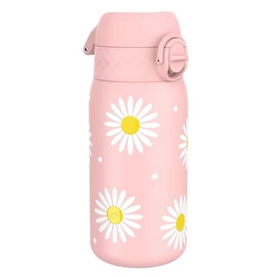 Ion8 Gourde Enfant, Inox Léger, 400ml, Non Isolé, Anti-Fuite, Facile à Ouvrir, Verrouillage Sécurisé, Lavable au Lave-Vaisselle, Poignée de Transport, Acier Inoxydable, Marguerites