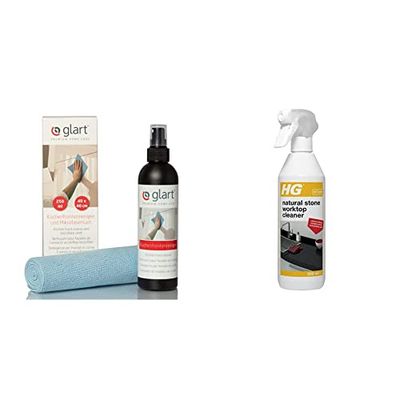 Glart Kitchen Cupboard Door Cleaner 250ml and Universal Waffle Cloth, White & HG Natural Stone Worktop Cleaner, Natural Kitchen Countertop & Work Surface Cleanser