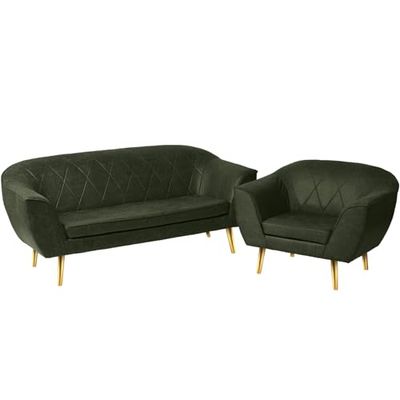 Conjunto de Muebles de salón en Polipiel: Sofa 2 plazas y sillón con Patas en Oro Verde - en Polipiel, con Patas de Metal para facilitar el Montaje - sillón y sofá para salón, despacho