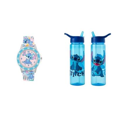Disney Girl's Analog Quartz Watch with Silicone Strap LAS9011 & Stitch Water Bottle Flip Up Straw 600ml – Official Merchandise by Polar Gear – Kids Reusable