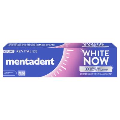 Mentadent White Now Revitalize, pasta do zębów wybielająca z technologią White-Correct i ekologicznie kompatybilnymi minerałami, do 3 razy bielszych zębów natychmiast* i remineralizowana*, 75 ml