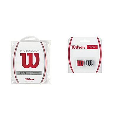Wilson Pro Overgrip Sensation, Impugnatura Per Racchetta Da Tennis Unisex-Adulto, Bianco, 12 Pezzi & Pro Feel, Antivibrazione Con Logo Per Racchetta Unisex-Adulto, Rosso/Argento, 2 Pezzi