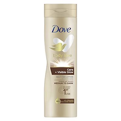 Dove Body Love Brun utan sol Hudkräm för en naturlig medium till mörk solbränna Care + Visible Glow Medium to Dark Ger huden 48H återfuktning 250 ml