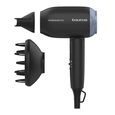Taurus - Asciugacapelli da Viaggio Studio Glow 1500 | Bivoltaggio | 1400W | Pieghevole | 2 Velocità | 2 Temperature | Molto Leggero e Compatto
