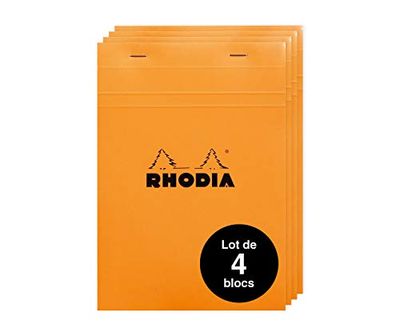 RHODIA 16200Amzc - Lote de 4 bloc de notas con grapado (Nº 16, A5), diseño de cuadros, 80 hojas desmontables, color blanco 80 g/m², tapa de tarjeta revestida flexible y resistente