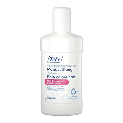 Bain de bouche hydratant TePe bouche sèche, bain de bouche au fluor non aromatisé qui soulage la sensation de bouche sèche