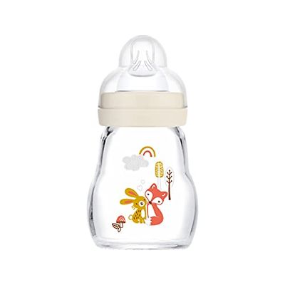 MAM Feel Good Biberon en Verre (170 ML), Bouteille de Lait avec Large Ouverture, Gourde Solide pour bébé avec tétine Taille 1, dès la Naissance, Lapin/Renard
