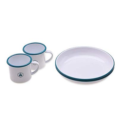 LAGUIOLE - Laguiole set med 2 x tallrikar och 2 x vintage e-post picknick vandring utomhus camping - vit blå