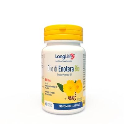 LongLife® Olio di Enotera Bio 500mg | Omega-6 | Titolato al 9% in acido gamma-linolenico (GLA) | BIO | Salute della pelle e delle articolazioni | Ciclo mestruale | Fino a un mese di trattamento