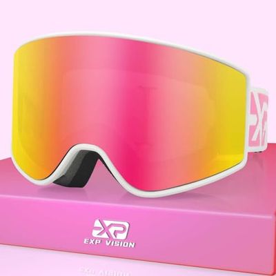 EXP VISION Ouder-kind skibrillenset, anti-condens sneeuwbril, 100% UV-bescherming, OTG snowboardbril voor heren, dames, jeugd, kinderen (skibril voor volwassene - roze)