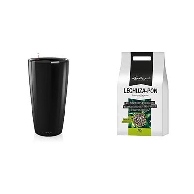 Lechuza – Pot de Fleurs d'Interieur – Premium Rondo – Réserve d'eau Intégrée – Coloris Noir – Ø 32 x 56 cm + Pon – Terreau Mineral Neutre – Contient de l'engrais – 12 litres