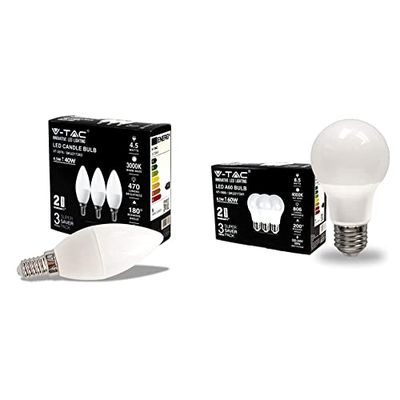 V-TAC Lampadina LED a Candela con Attacco Edison E14, 4,5W (Equivalenti a 45W), Candela, 470 Lumen, Luce Bianca Calda - (Box 3 Pezzi) & Lampadina LED con Attacco E27 8,5W A60 806 Lumen