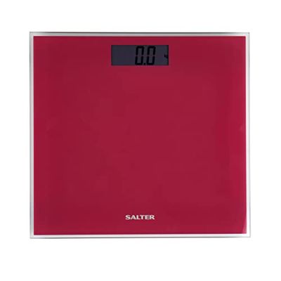 Salter 9037 PK3RREU16 Badvåg i glas, tunn, 180 kg, lättläst LCD-skärm, omedelbar viktvisning, fitness, batterier ingår, 15 års garanti, rosa