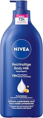 NIVEA Lait corporel riche, crème pour le corps intensément nourrissante avec acide hyaluronique pur, huile d'amande et sérum, lotion pour peaux sèches (625 ml)