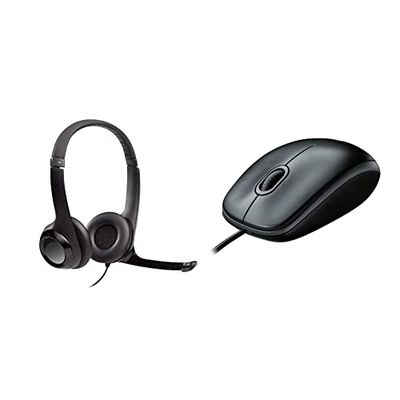 Logitech H390 Cuffie Cablate, Cuffia Stereo Con Microfono Regolabile Con Cancellazione Del Rumore, Usb & B100 Mouse Usb Cablato, 3 Pulsanti, Rilevamento Ottico