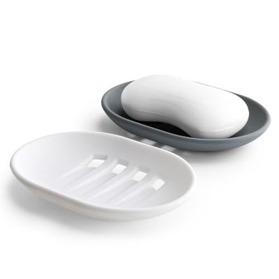 Oamwrae Lot de 2 Porte Savon en Silicone avec Drainage, Boite Savon Antidérapant et Portable, Porte Savon Salle de Bain, Douche, Cuisine (Gris et Blanc)