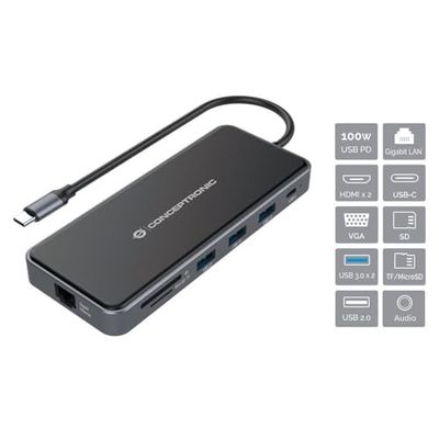 Hub - adaptador Type-C 12 en 1 con 2x HDMI, VGA, MicroSD/TF, 3x USB 3.2 y LAN Gigabit, ideal para conectividad avanzada.