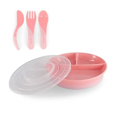 Twistshake Barnservis Set | 3-delad tallrik + Bebisbestick 6+m | BPA-fri Barntallrik och barnskål | Matträningskit för barn | Babytallrikar | Bebisprodukter | Rosa