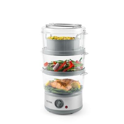 Petra Cuiseur à Vapeur 3 niveaux 500W, Grande capacité 7.5L, 3 paniers, 1 panier cuiseur de riz, Minuteur 60 Minutes, Sans BPA pour cuisson, légumes, poissons, Design rangement compact, Garantie 3 ans