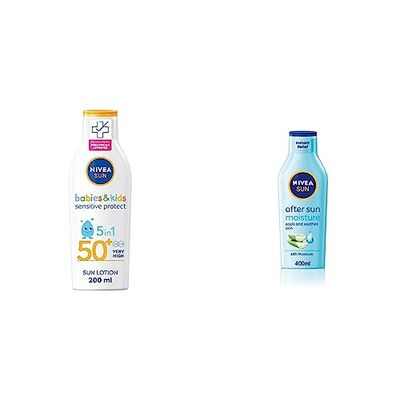 NIVEA SUN Kids Protect & Sensitive Sun Lotion (200ml) Sunscreen with SPF 50+, Kids Suncream & SUN After Sun Moisturising Soothing Lotion (400 ml), Cooling Moisturiser with Aloe Vera