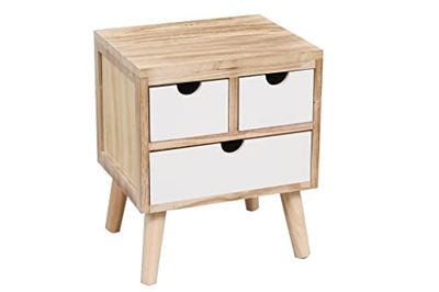 Ladekast in vintage-stijl, 3 laden, van natuurlijk hout met drie witte laden, heeft vier poten als standaard. (34 x 28 x 40)