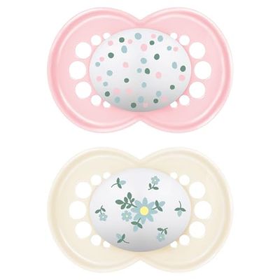 MAM Chupeta de látex de borracha natural, a partir de 6 meses, com cetina simétrica, plana e flexível, com caixa auto-esterilizadora, MAM original, rosa brilhante, embalagem de 2 unidades
