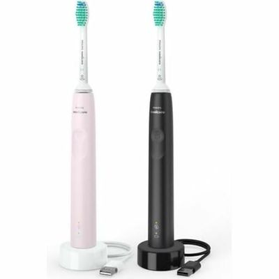 Philips Sonicare 3100 spazzolino elettrico sonico, sensore di pressione e timer, colore rosa e nero, confezione doppia, HX3675/15, Sonicare 3100, Nero/Rosa