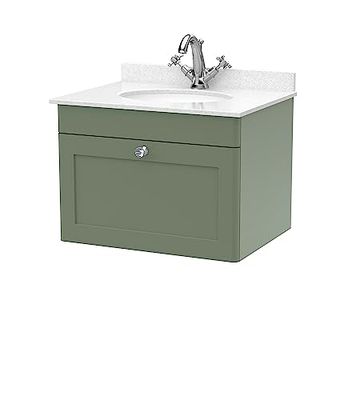 nuie CLC894WR1 Classique Wall Hung 1 Drawer Unit & 1 Tap Hole Marble Worktop with Round Basin, 600mm, Satin Green/White
