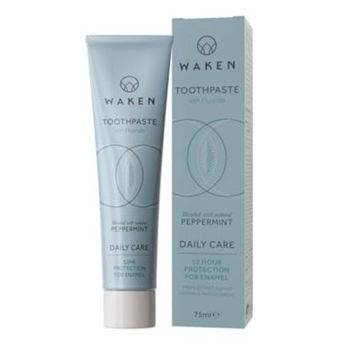 Waken, Peppermint Fluoride Toothpaste, Helps protect against cavities and reduce plaque, No Artificial Colours, Sustainable Packaging, Recycled Aluminium Tube, Vegan Toothpaste, 75ml