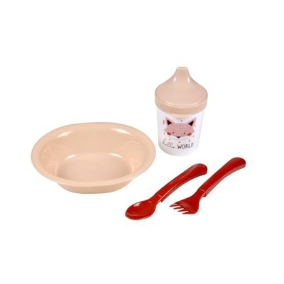 BEBE - Juego de comidas con plato y cubiertos y taza de plástico con taladro