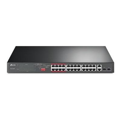 TP-Link 26-poorts 10/100 Mbps PoE + switch, 24 PoE + poorten, 2 RJ45-poorten, 2 combo SFP-slots, 802.3at / af, 250 W PoE-voeding, 1U 19-inch stalen behuizing voor rekmontage (TL-SSL1226P)