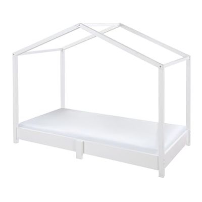 roba Lit de maison 70 x 140 cm - Lit au sol pour enfants selon le principe Montessori - Extensible par un sommier à lattes, un matelas et une housse de lit de maison - Bois laqué blanc