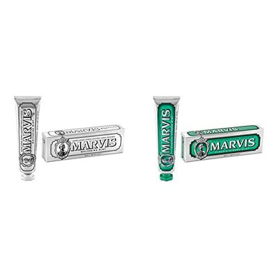 Marvis Classic Strong Mint, Dentifrice Saveur Menthe Forte Classique, Tube de 85 ml & Marvis Whitening Mint, Dentifrice Blanchissant Saveur Menthe, Dentifrice Naturel au Xylitol 85 ml