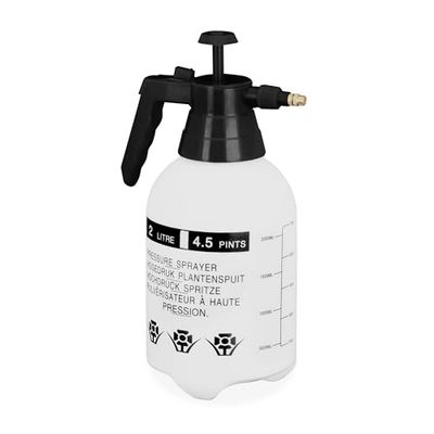 Relaxdays drukspuit 2 liter, verstelbare sproeikop, voor water en onkruidbestrijdingsmiddelen, plantenspuit, wit/zwart