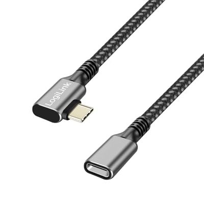 Logilink CUA0111 - USB 3.2 Gen2 Type-C verlengkabel met PD ondersteuning (PowerDelivery), stekker 90° hoek, kleur: zwart/grijs, kabellengte: 1 m