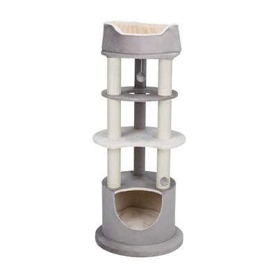 TRIXIE Lavinia Torre per gatti da 137,2 cm, tiragraffi in iuta, albero per gatti rivestito in peluche, condominio, piattaforme, giocattolo per gatti penzolanti, grigio