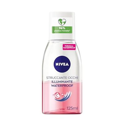 NIVEA Struccante Occhi Bifase Illuminante Waterproof 125 ml, Struccante bifasico per gli occhi arricchito con vitamina C energizzante, Olio struccante bifase per il trucco waterproof