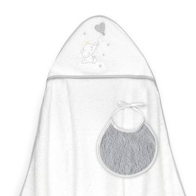 Interbaby - Capa de Baño Bebe Blanco/Gris + Babero | Toalla Bebe con Capucha 100% Algodón, 100x100cm, Unisex | Suave, Cómoda, Ideal Recién Nacidos, Bebes y Niños Pequeños | Diseño Globo Corazón