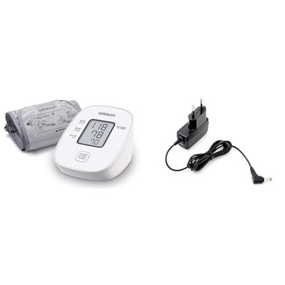 OMRON X2 Basic – Klinisch gevalideerde automatische bloeddrukmeter | Bovenarm bloeddrukmeter & OMRON Healthcare 9546045-8 Universele voedingsadapter (HHP-CM01), 5.5cm x 9.7cm x 7.5cm, Zwart