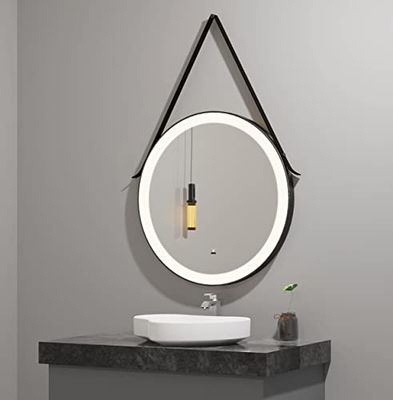 axentia Espejo de baño LED, Espejo Redondo con Correa para Colgar, Negro, Ø Aprox. 60 cm