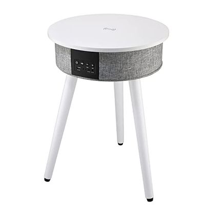 AIC - Mesa Altavoz Bluetooth Madera de 15W con Base de Carga inalámbrica Qi y USB, Mesa Auxiliar Inteligente Portátil, Batería de 2600 mAh, Entrada AUX de 3.5 mm, BTT1 Color Blanco