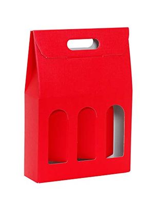 Caja de cartón rojo con 3 botellas.