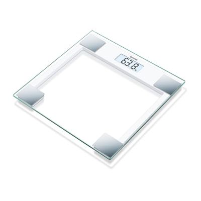 Beurer GS 14 - Báscula de baño de vidrio, vidrio de seguridad, apagado automático, puesta en marcha con sensor vibración, 150 kg / 100 gr, color transparente/ Blanco/ Plateado
